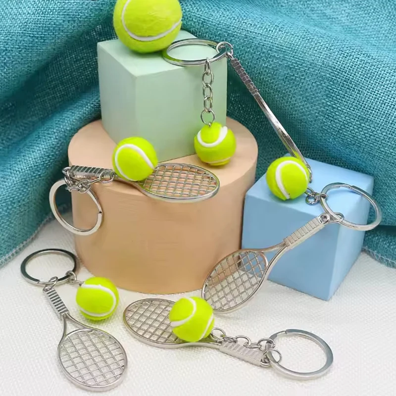 30Pcs Tennis Racket Key Chains Mini 3D Tennis Ball Charms Sports Keyrings Backpack Decor Accessories
