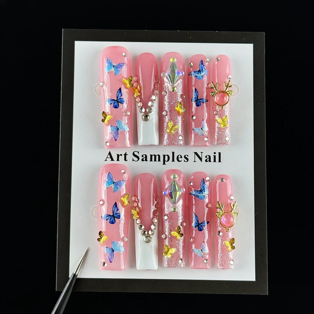10pcs High-end Vintage heavy-duty style, hand-painted butterfly, dazzling cluster of diamonds handmade fake nails