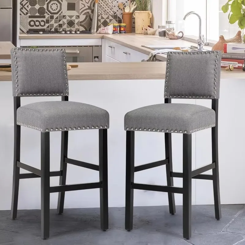 Bar Stools for Kitchen Island Gray Fabric 29 inches Barstools with Nailhead Trim Bar Chairs for Dining Room,Set of 4