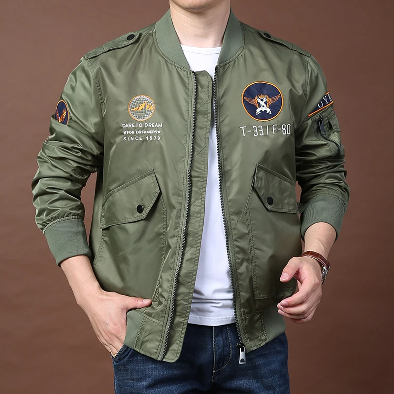 Men\'s Jacket Embroidered Outwear Pilot Flight Loose Jackets Autumn Thin Jacket Warmcoat Motorcycle Jackets and Coats