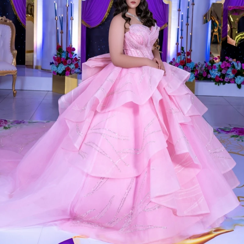 

Розовые блестящие платья Quinceanera с открытыми плечами и бисером, многоуровневое тюлевое платье для вечеринки, дня рождения, милое платье 16, Vestidos 15 De Anos
