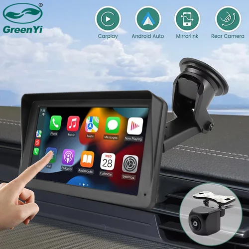 Imagen 1 del producto GreenYi pantalla táctil de 7 pulgadas WiFi inalámbrico Apple Carplay y Android-Monitor Multimedia para coche con cámara inversa AHD 1080P
