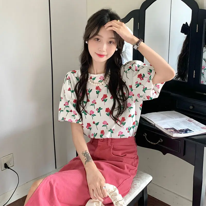 

Flowers Women's Two Skirt Piece Set Vacation 2025 Festival Korea New Matching Elegant Casual Stylish Puff Sleeves Female Outfits