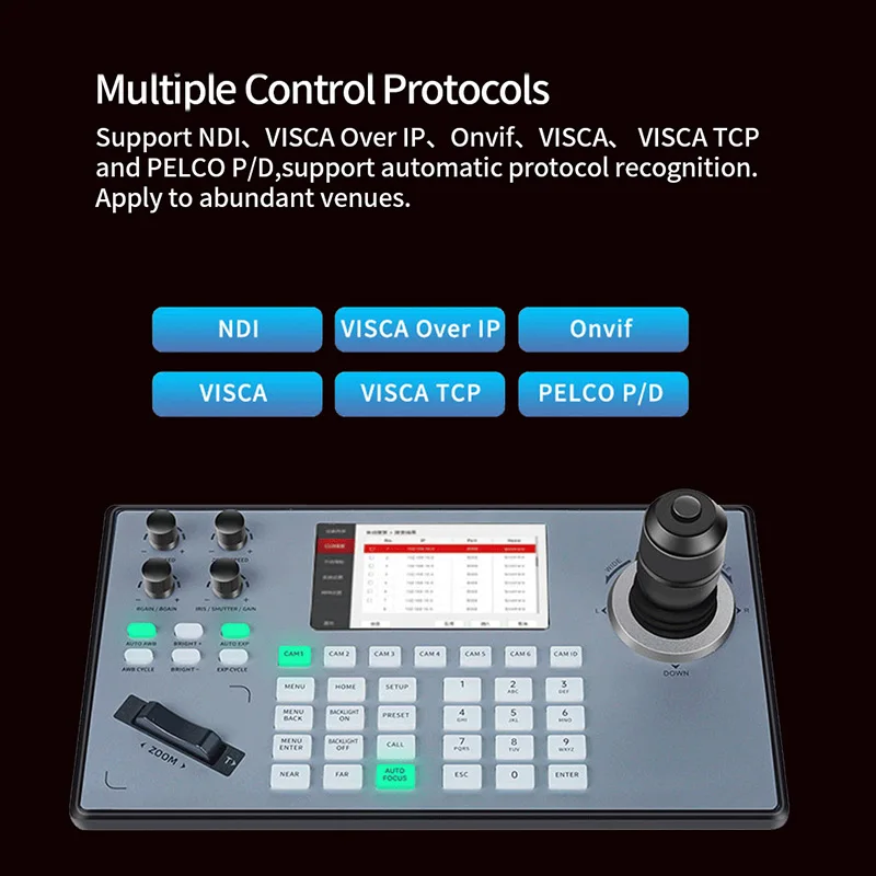 PTZ Camera Controller IP Control Keyboard Supports VISCA /NDI/ONVIF Protocol with 5 Inch LCD Screen NDI Joystick controller PoE+