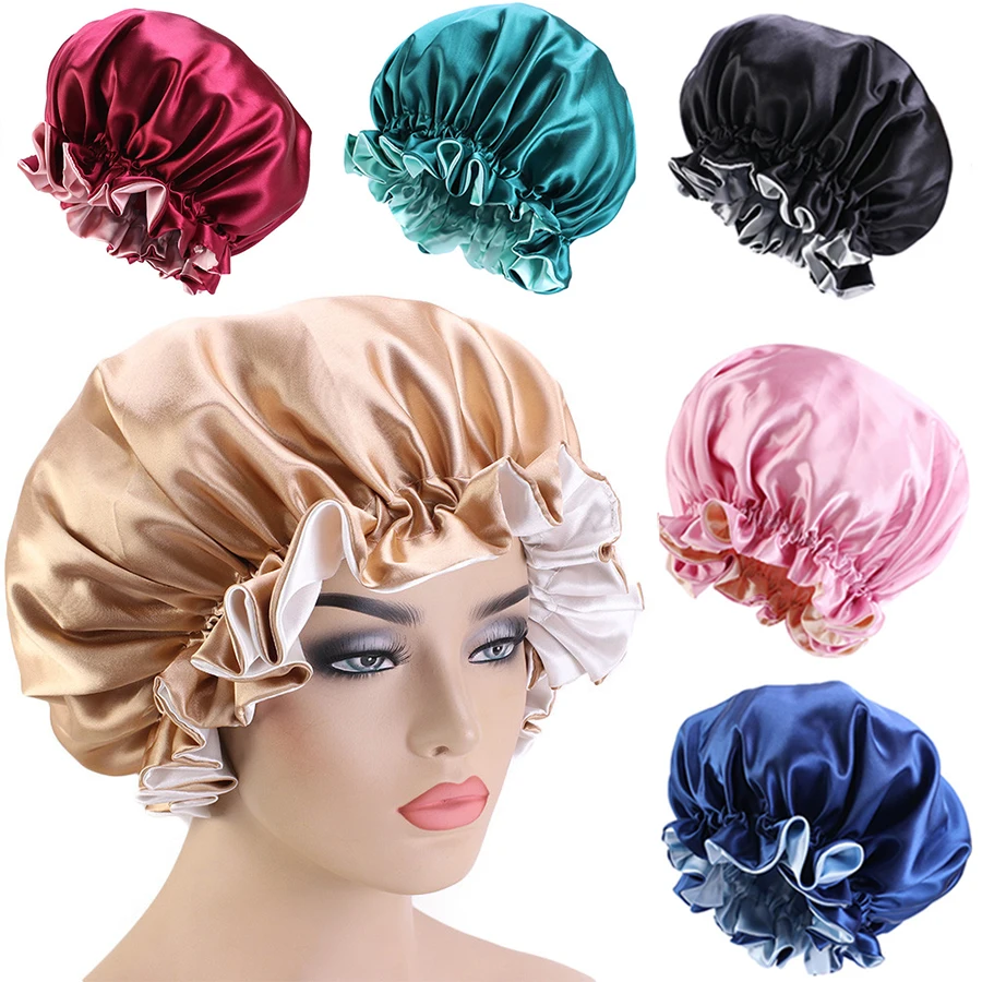 Leeons Reversible Satin Bonnet With Head Tie Adjust Sleep Night Cap Head Cover Hat For Curly Springy Hair Styling Accessories