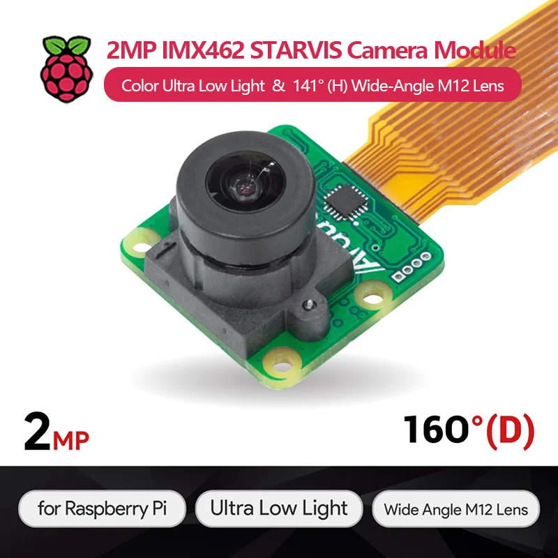 2MP IMX462 Color Ultra Low Light STARVIS Camera Module with 141° (Horizontal) Wide-Angle M12 Lens, compatible with Raspberry Pi