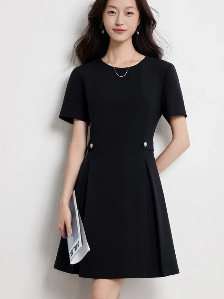 

SENTUBILA Women's Dress Summer 2025 Elegant Casual Crew Neck Dress Metal Buckle Decorative Party Evening Black Dress 152LJ2335