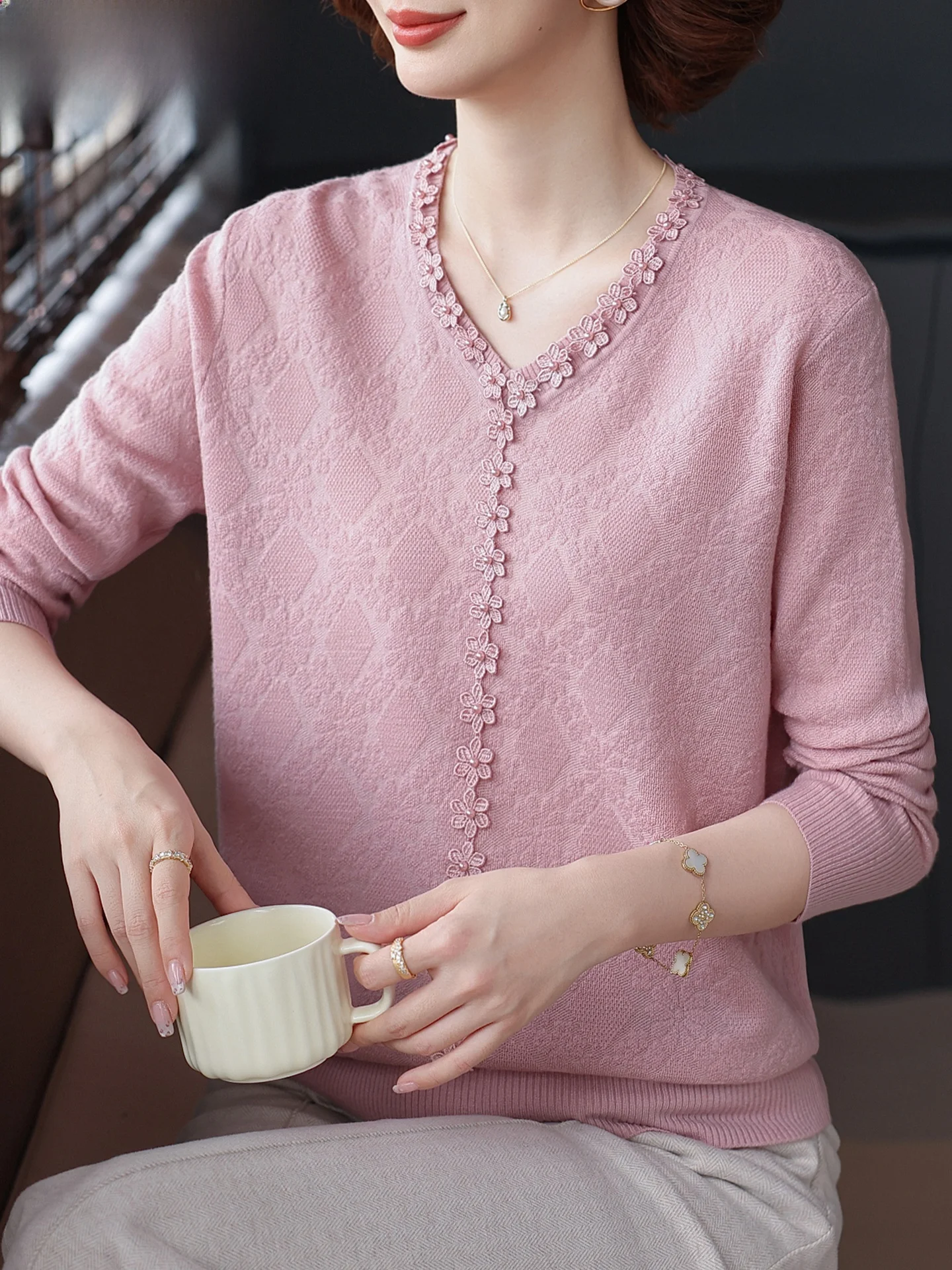 

Ele Knitted Top for Middle-Aged Mothers Autumn Faionable Base Layer irt Polyester Fiber Stand Straight Cut Long Pants