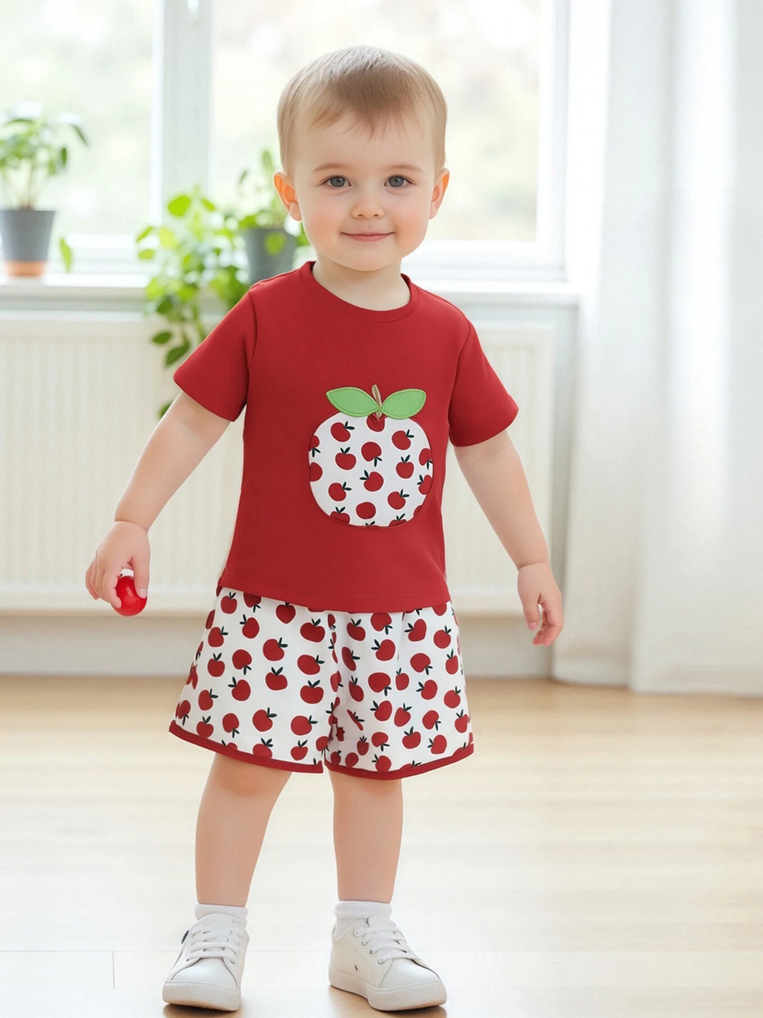 

Baby Girl 2-Piece Summer Set with Floral Embroidered Top and Watermelon Print Shorts Short Sleeve Round Neck Outfit