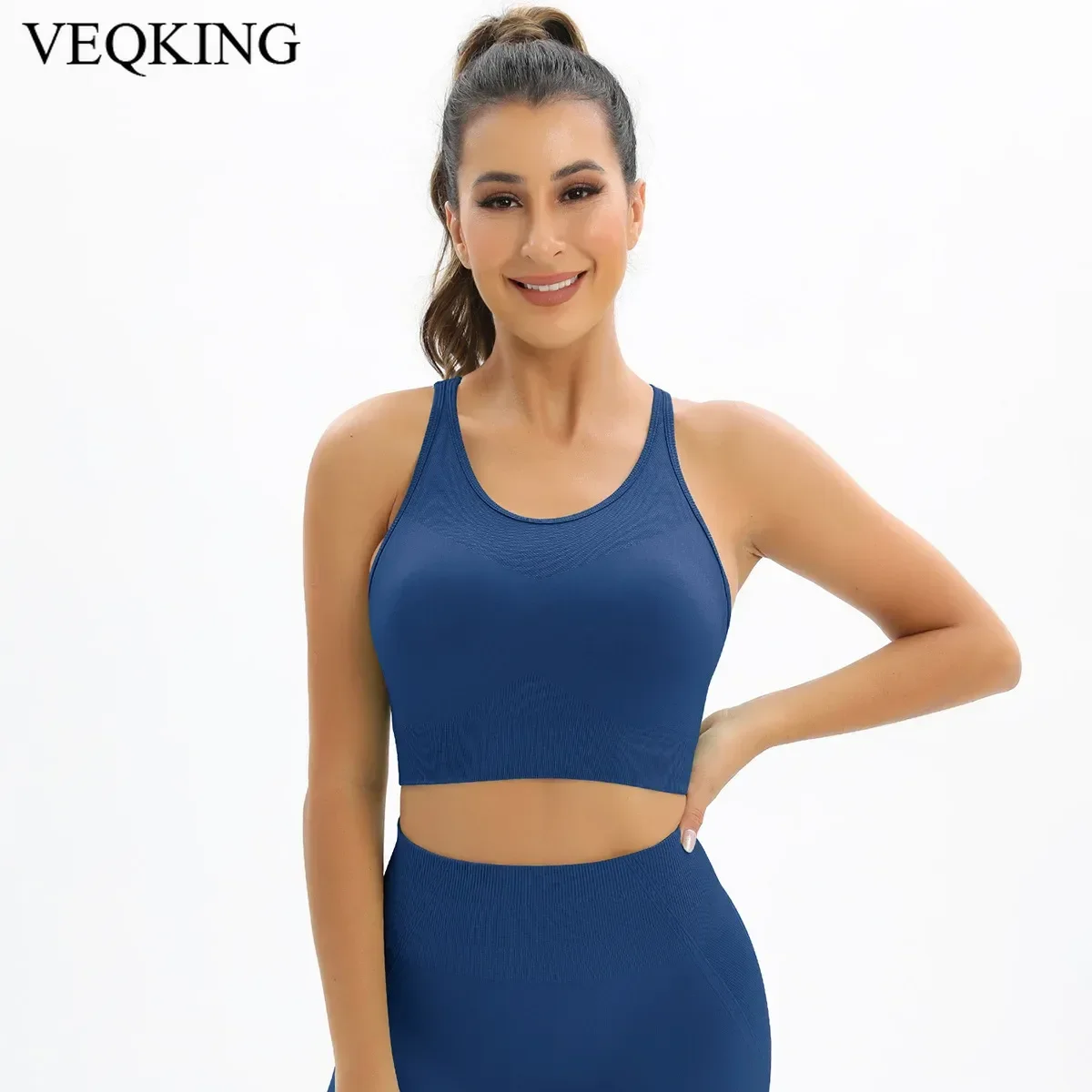 

VEQKING Seamless Back Sports Bra for Women, Shock Resistant Gathering Yoga Vest+knitted Breathable Running Bra, Fitness Suit