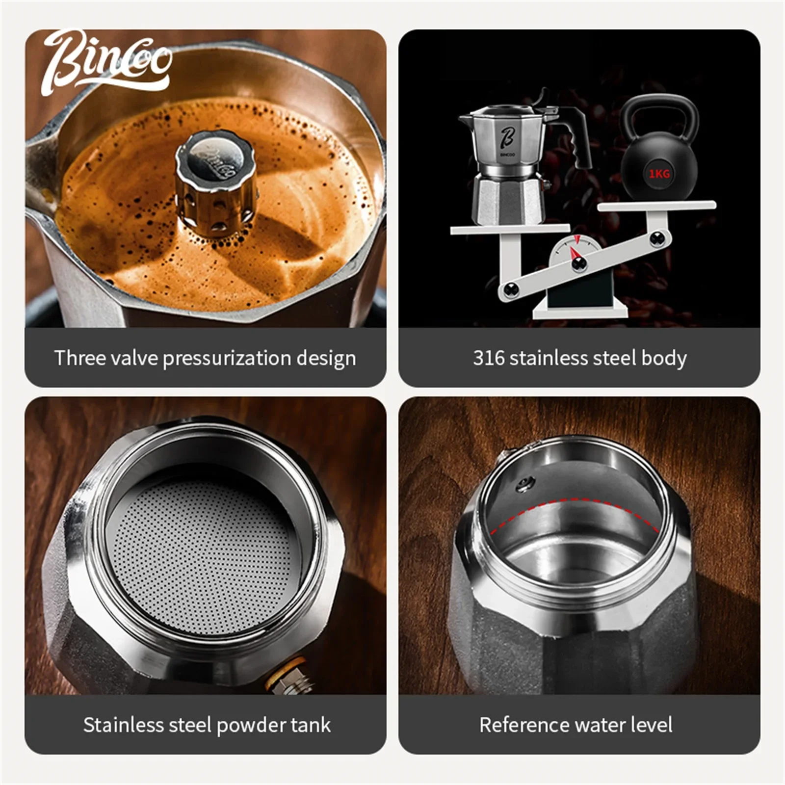 Bincoo New Triple Valve 316 Stainless Steel Moka Pot Dual Pressure Espresso Maker 2-3.0pa Thickened Safe Home Coffee Brewing Kit