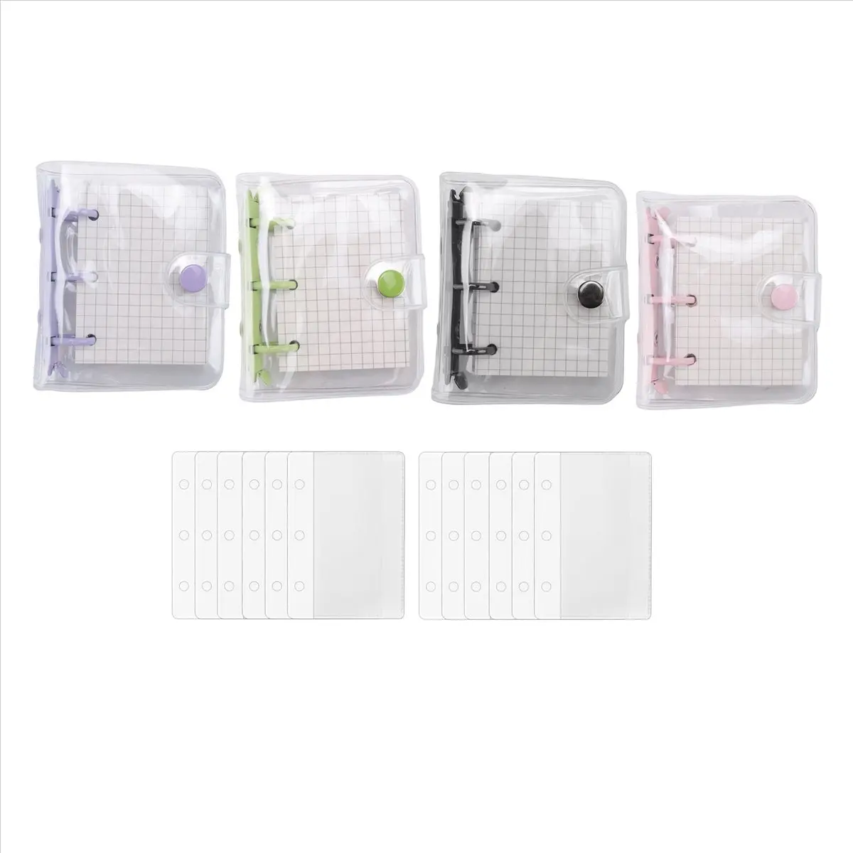 【HOT N07R】 4 Pack Transparent 3 Ring Binder Covers with Grid Inner Page and 12 Pcs Binder Pockets(3 Pcs/Set)