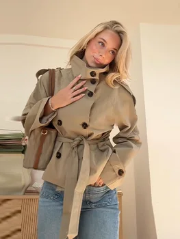 Belted Waist Cropped Trench Jackets Women Double Breasted Stand Collar Coats 2025 Autumn Chic Casual Vintage Jacket Women Cloth 2