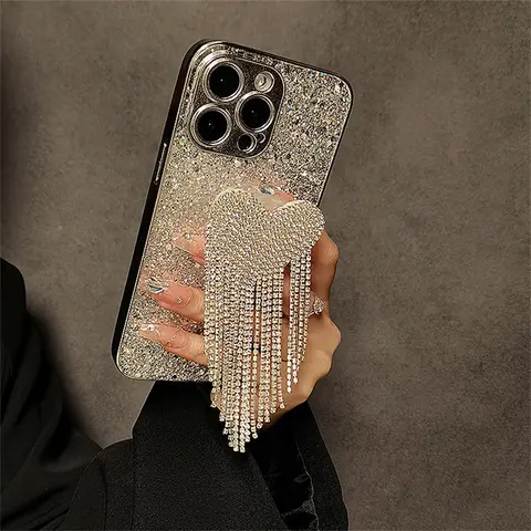 Luxury Glitter Rhinestone Love Heart Fringe Bracket Phone Case For iPhone 14 15 Pro Max 13 12 11 Plating Sequin Cover Funda