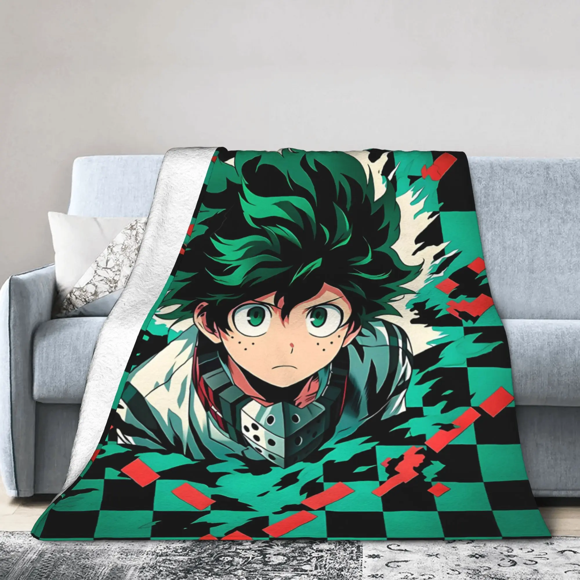 Midoriya Izuku Checker Anime Plush Blanket Girls Boys My Hero Academia Flannel Throw Blanket For Outdoor Soft Warm Bedspread