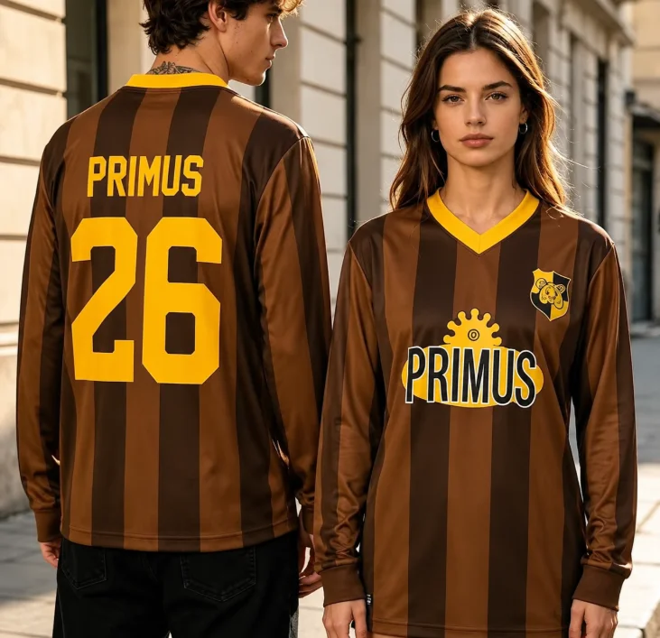 Retro Soccer Long Sleeve Jersey Brown Stripe V‑Neck Sport Tee Loose Streetwear Tops For Men Women