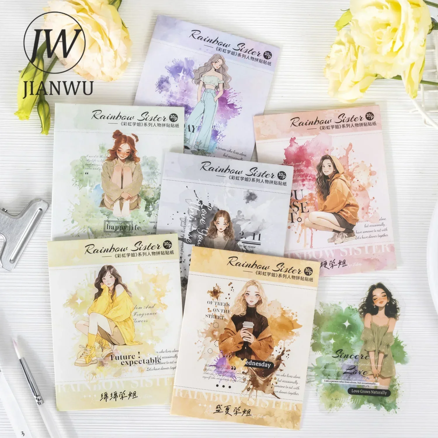 JIANWU Rainbow Sisters Series Kawaii Character Material Collage PET Sticker Creative DIY Journal Scrapbooking Stationery