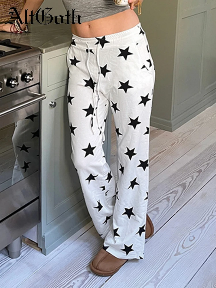 

AltGoth Y2k Streetwear White Pants Women Mall Gothic Vintage E-girl Harajuku Pentagram Printedn High Waist Wide Leg Pants Female