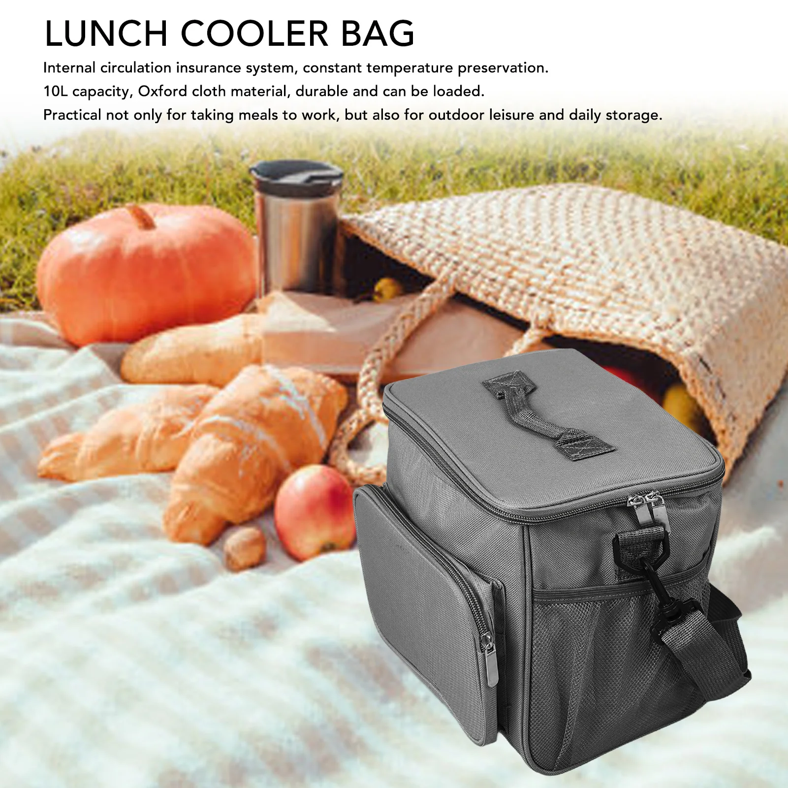 Large Lunch Bag Leakproof Insulated Lunch Box Gray 10L Handheld Shoulder Lunch Bag for Work Office Picnic Beach Travel Lunch Bag