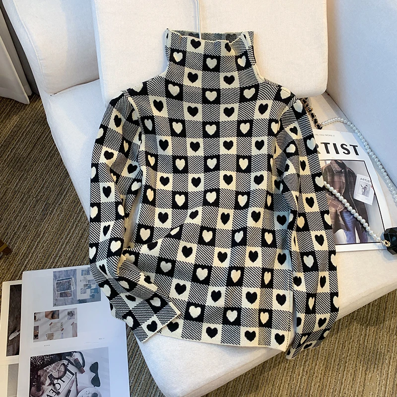 Women Black Plaid Knit Pullover Sweater Harajuku 2000s Vintage Y2k Long Sleeves Turtleneck Cashmere Sweaters Clothes 2025 Autumn