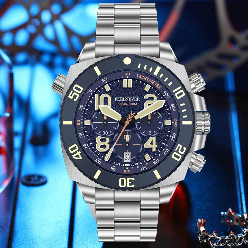 FeelNever Professionelle Casual-Sport-Quarzuhr für Herren, luxuriöse Automatikuhr aus Edelstahl mit Saphirglas, wasserdicht, für Herren