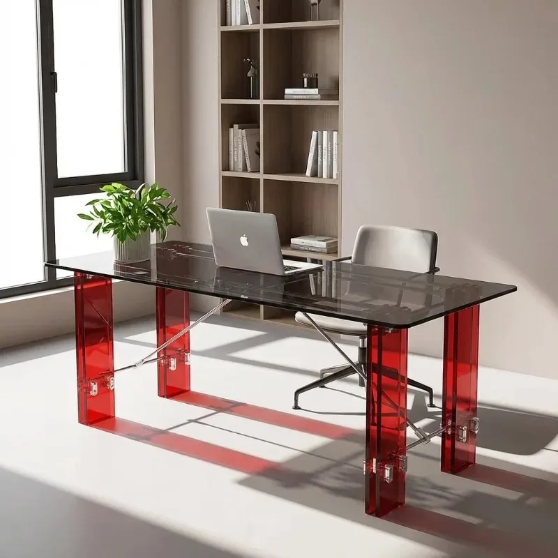 Rectangle transparent red legs, modern minimalist designer home desk