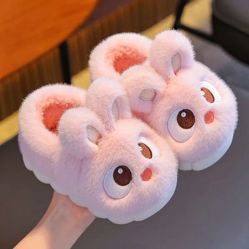 

New Winter Cute Big eyed Rabbit Children's Waterproof Warm Non-slip Fluffy Slippers For Girls Boys Kids Indoor Home Cotton Shoes