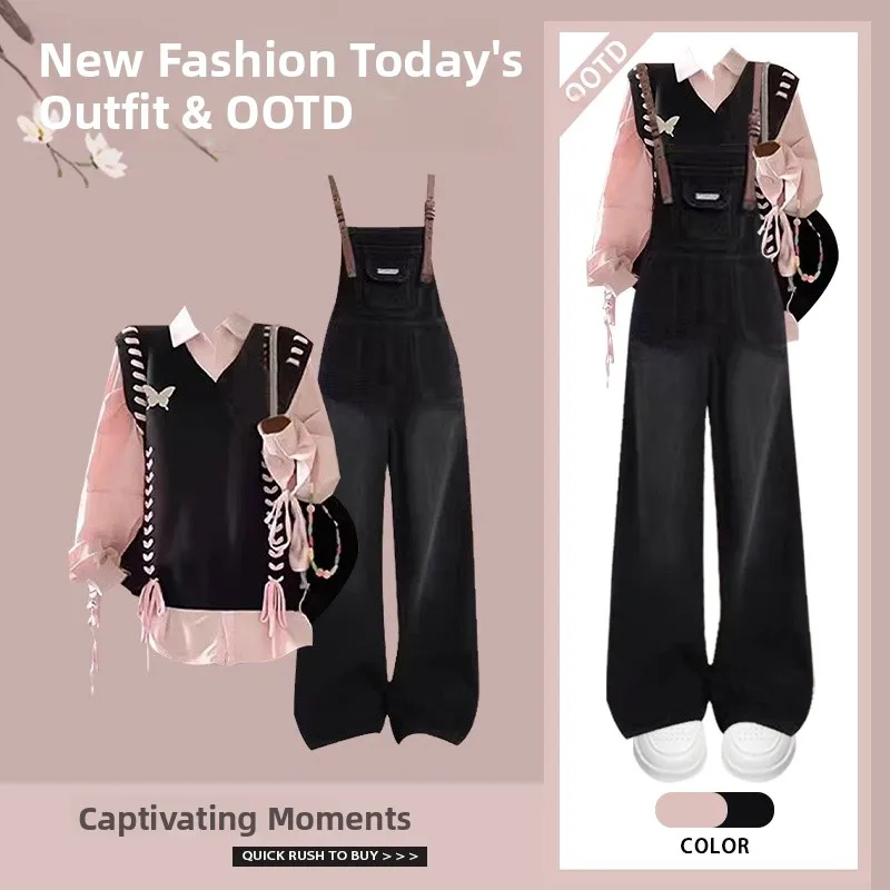 

Модный женский комплект-тройка: осенний стиль Dopaamine, рубашка, жилет, облегающий комбинезон, трендовый ансамбль, на пуговицах, полиэстер F...