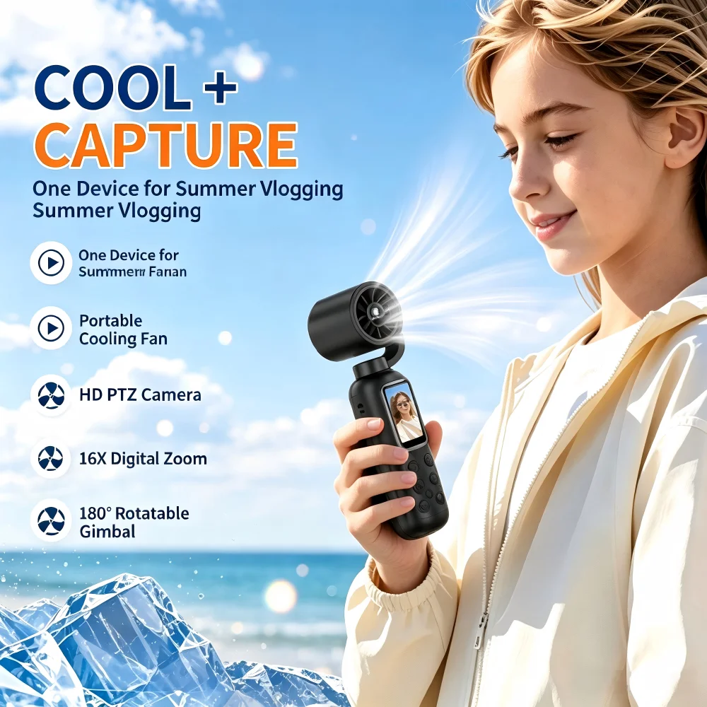New Handheld Vlog Camera+Portable Cooling Fan,2000mAh Rechargeable, 180° Rotatable Gimbal for Outdoor Travel Camping