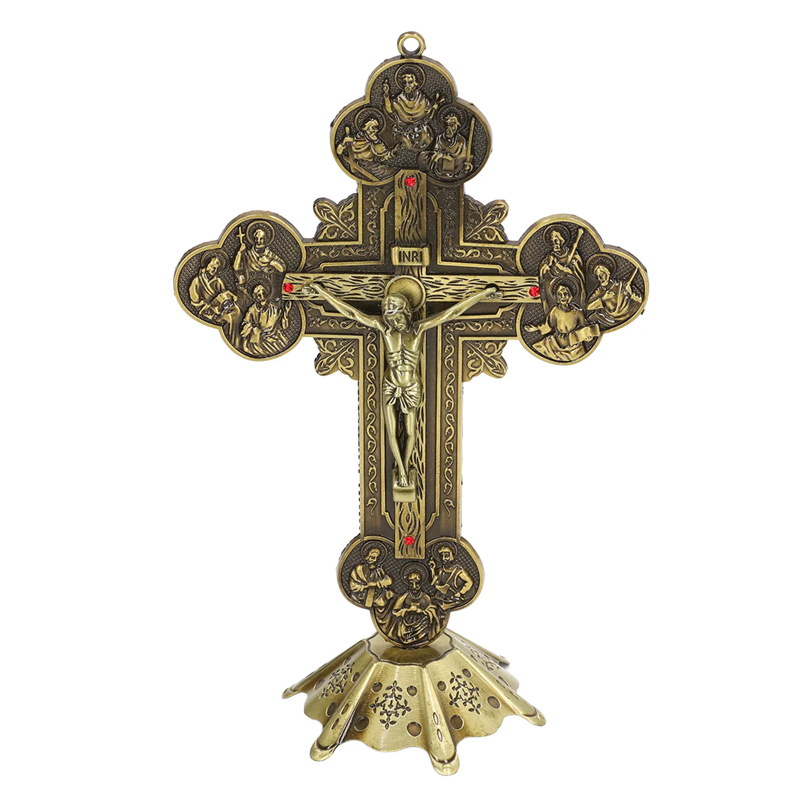 

Crucifix Bronze Stable Base Inlaid Red Vintage Style Attractive Decorative Metal Table Art Decoration For Catholic Gift