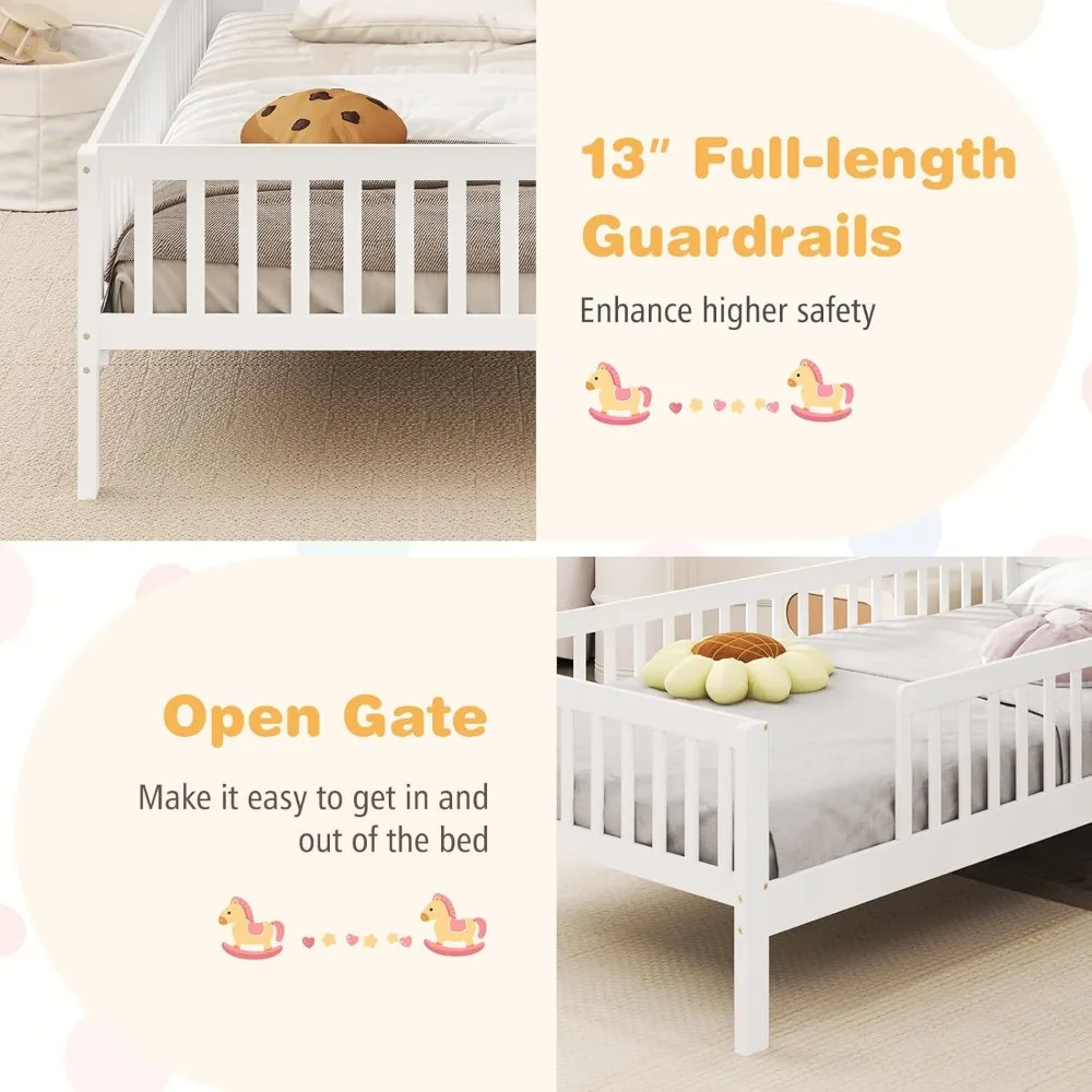 Giantex Twin Kids Bed Frame Solid Wood Montessori Bed With Guardrails House Shaped Headboard Built In Storage No Box Spring