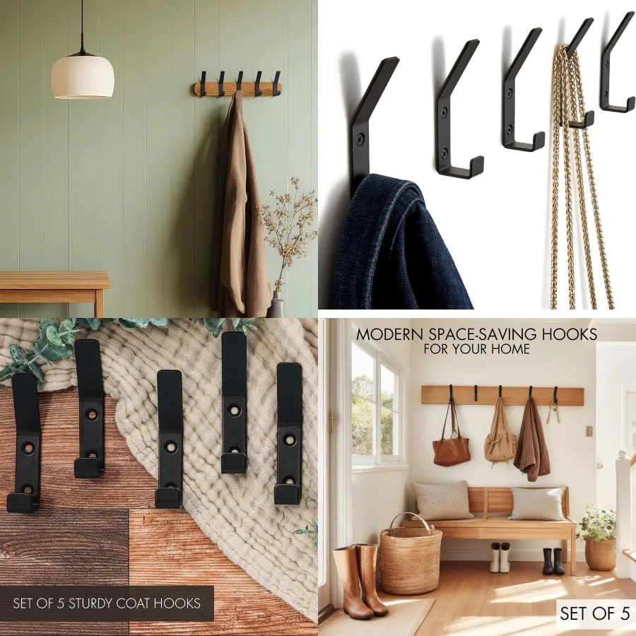 

Декоративные крючки для одежды для настенного крепления. Набор из 5 стильных и прочных черных металлических двойных крючков идеально подходят для повестки курток.