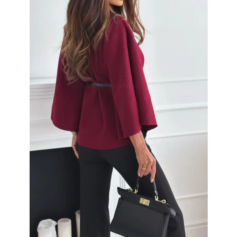 S-XXL nova moda feminina cor sólida manga longa casaco senhoras casual cintura cinta casual lã capa estilo jaqueta