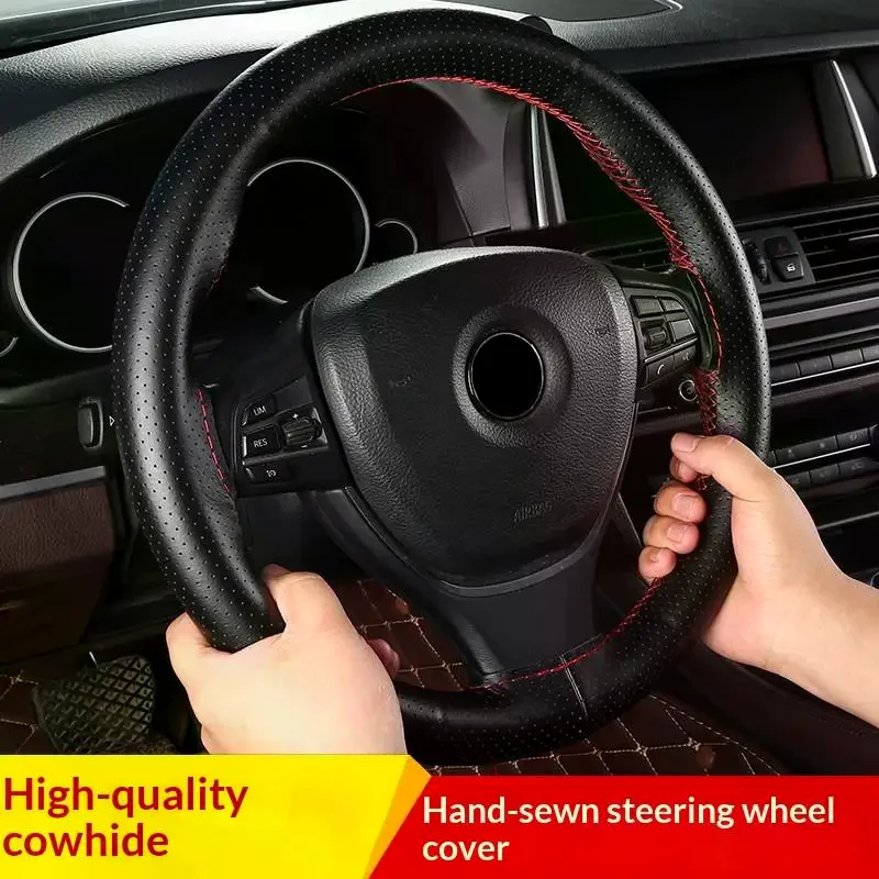 Hand Sewn Car Steering Wheel Protective Cover Leather Breathable Anti Slip Universal Suitable 38cm Elastic Band Texture Decor