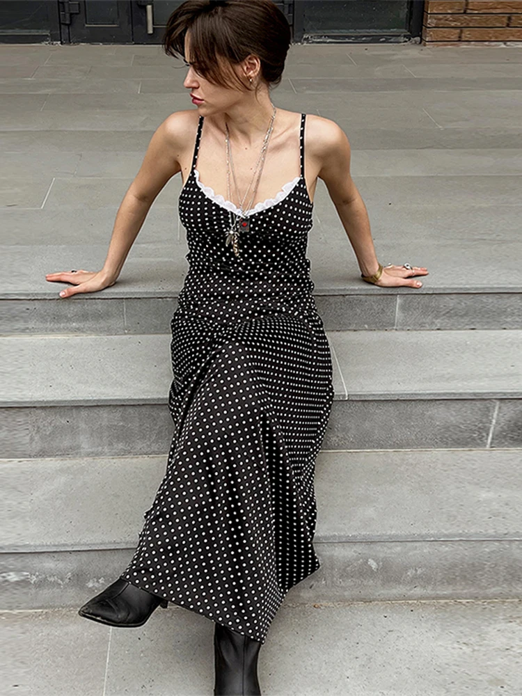 

Elegant Women's 2025 Retro Polka Dot Strappy Maxi Dress Sleeveless Slim Fit Party Gown for Summer Streetwear & Evening Events