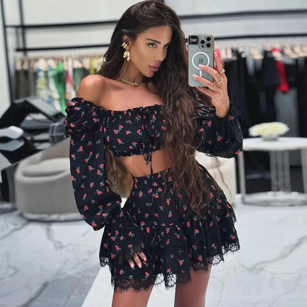 

Summer Sweet Lace Edge Print Lantern Sleeve Tube Top Shirt Skirt Suit Comfortable Classic Versatile High Fashion Atmosphere