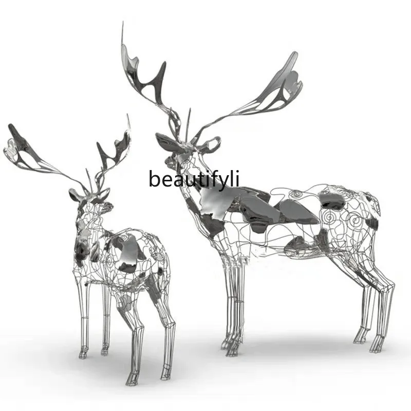 Lawn Courtyard Stainless Steel Hollow Deer Sculpture Hotel Outdoor Large Floor Ornaments