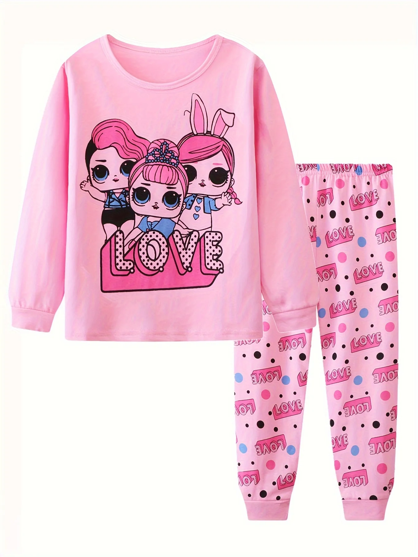 Toddler Girls 2-piece Cotton Pajama Sets Cartoon Girls Pattern Round Neck Long Sleeve Top & Full Print Trousers Casual PJ Sets F