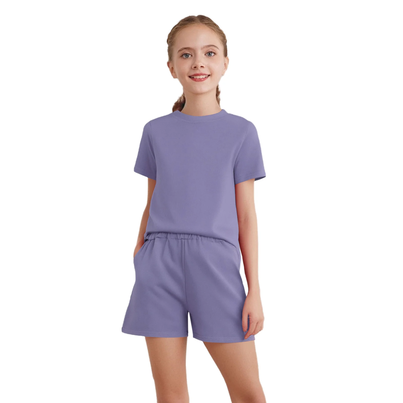 

2Pcs Kids Girls Casual Outfit Cotton Summer Homewear Pajamas Soft Round Neck Short Sleeve T-shirt+Shorts with Pockets for Sports