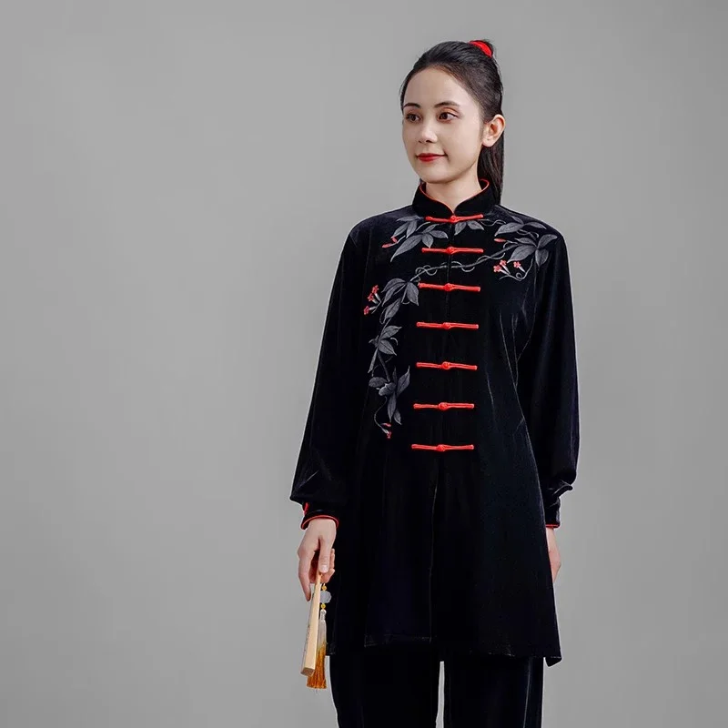 Kun Master Thicken Velvet Taichi Uniform Elegant Winter Martial Arts Suit Embroidery Kung Fu Clothes Taiji for Women