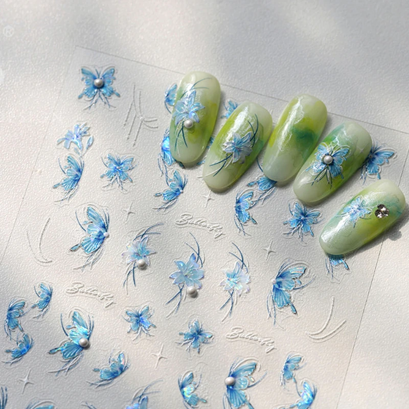 

Chic Butterfly Flower Lily Lilium Narcissus Line Beautiful Blue Pearl Self Adhesive Nail Art Stickers Decorations Manicure Decal