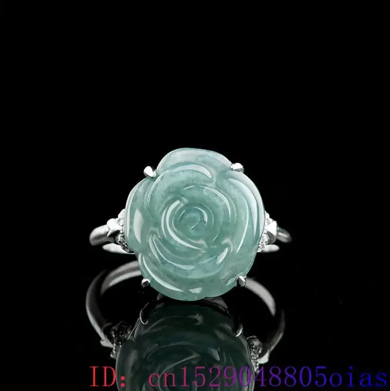 Blauwe Echte Jadeite Rose Sieraden Set Ring Oorbellen Hanger 925 Zilver Natuurlijke Burmese Jade Steen Talismannen