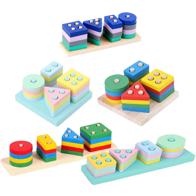 Building Block Four Sets Columns Geometric Sleeve Column Children Montessori Early Education Shape Matching Color Cognitive TMZ