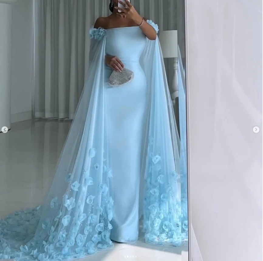 فساتين سهرة رسمية بحورية البحر باللون الأزرق السماوي مع كيب إسلامي عربي ثلاثي الأبعاد مخصصة بدون أكتاف فستان حفلات