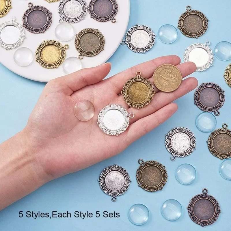 50pcs 20mm Pendant Trays 25pcs Photo Charms Flat Round Pendant Bezel 25pcs Glass Cabochon Dome Tiles Clear Cameo for Wedding