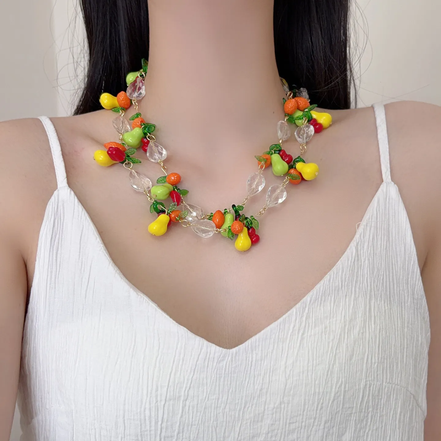 Playful Dopamine Colorful Cherry Pear Fruit Beaded Necklace Exaggerated Clavicle Chain Personality Women Holiday Party Gift Jewe