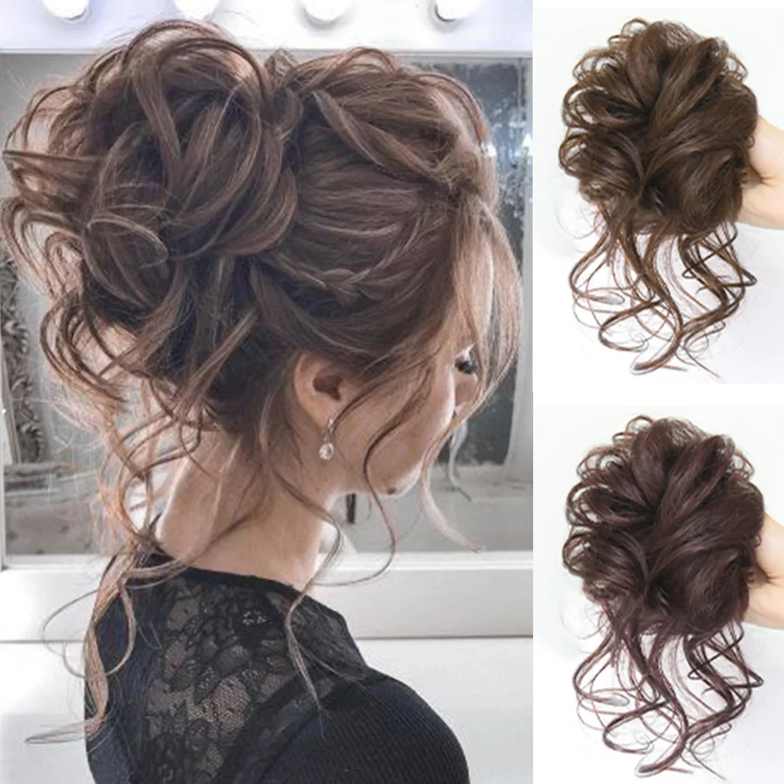 Synthetic Messy Fluffy Hair Bun Tousled Hairpiece Elastic Band Chignon Scrunchie Ponytail Extensions Hair Bow for women 편발