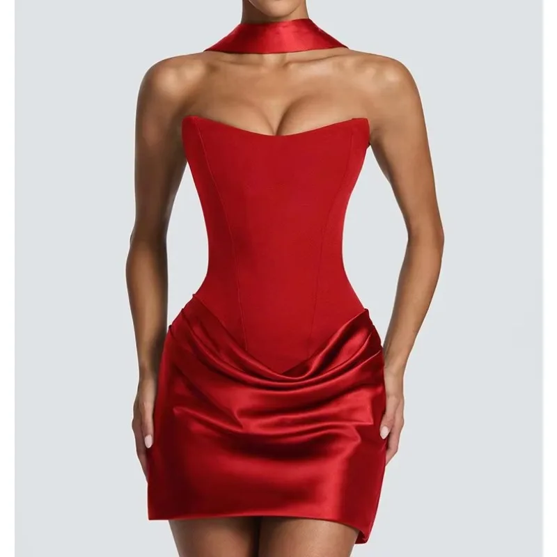 Satin Strapless Backless Sexy Short Dress Women Elegant Halter Choker Neck Ruched Waist Bodycon Club Party Dresses