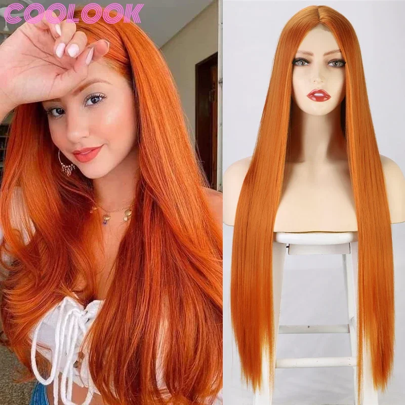 32 Cal długie proste Ginger peruki dla kobiet syntetyczny pomarańczowy blond peruka do Cosplay żaroodporne czerwony różowy srebrny szary włosy peruka 613