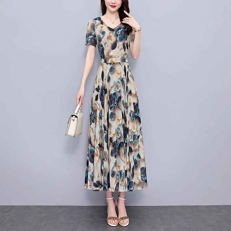 2025 Summer New Chiffon Floral Dress Women Elegant Fashion Bodycon Luxury Party Long Dress Korean Vintage Chic Prom Midi Vestido
